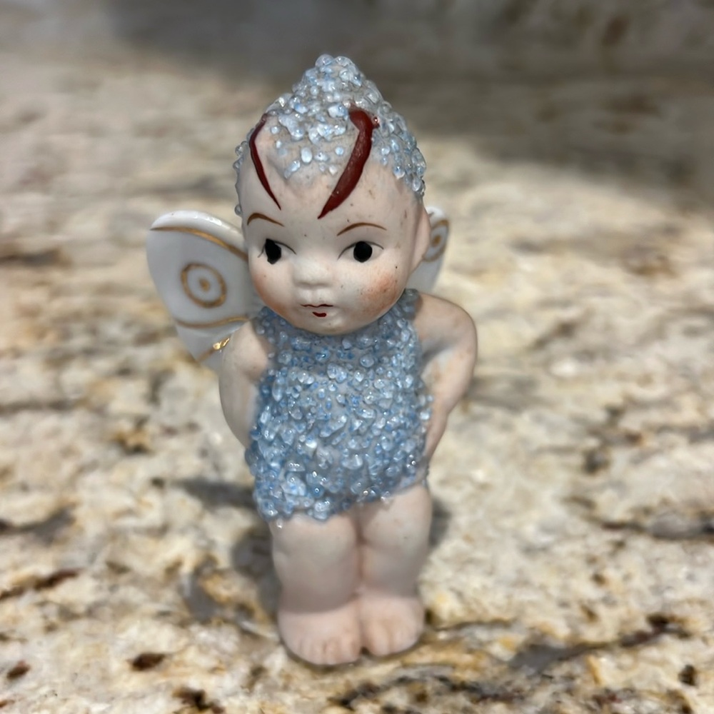 Antique Vintage Blue Sugared Pixie Fairy Baby Butterfly Figurines Made in Japan
